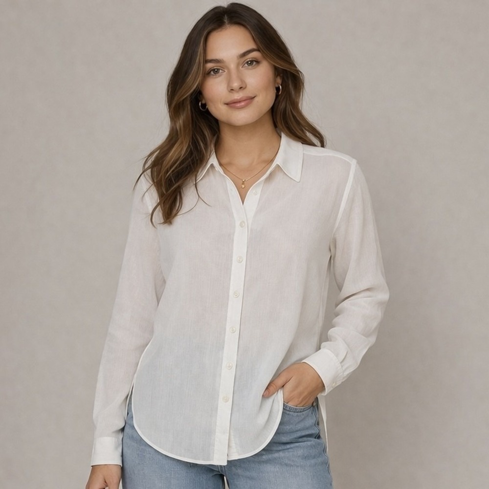 Wild Fable Shirt Womens‎ XS White Sheer Button Front Long Sleeve Collared Blouse